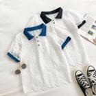 Color-block Short-sleeve Mesh Blouse