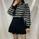 Long-sleeve Striped Cropped T-shirt Stripe - Gray & Black - One Size