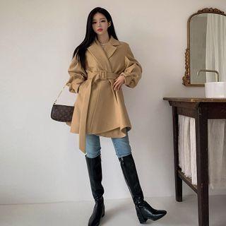 Puff-sleeve Wool Blend Wrap Coat With Belt