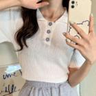 Short-sleeve Plain Flower Button Ruched Knit Top