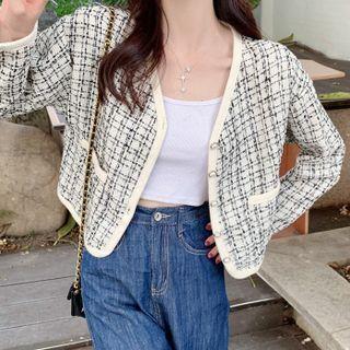 Plaid Long-sleeve Cropped Cardigan