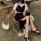 Mock Two-piece T-shirt / Lace Trim A-line Skirt / Set