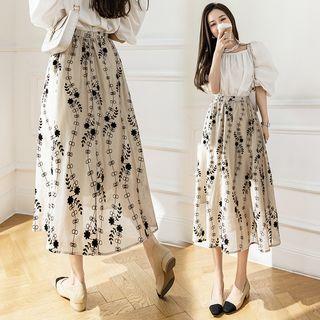 Elastic Waist Floral Print Midi A-line Skirt Almond - One Size