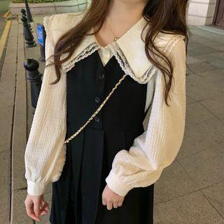 Puff-sleeve Lace Trim Blouse / Midi Overall Dress