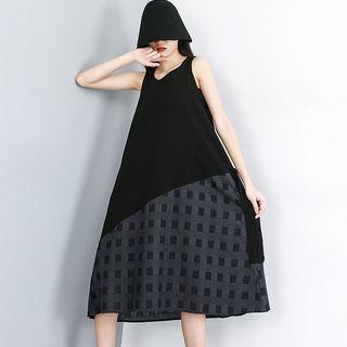 Sleeveless Plaid Panel Midi Dress Black - One Size