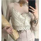 Ribbed Bell Sleeve Sweater/ Crochet Lace-up Camisole Top