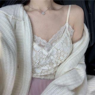 Hooded Cardigan / Lace Camisole Top / Pleated Midi A-line Skirt