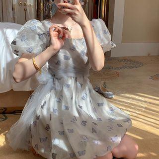 Puff-sleeve Butterfly Mesh Mini A-line Dress
