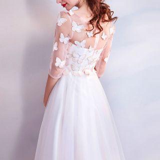 Butterfly Embroidered Elbow-sleeve A-line Evening Gown