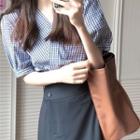 Puff-sleeve Plaid Blouse / Slit Midi A-line Skirt