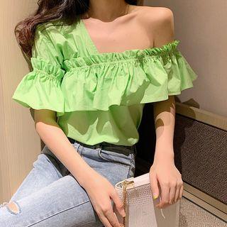 Short-sleeve Asymmetric Off Shoulder Ruffled Top
