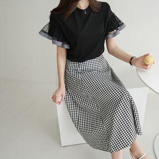 Mesh-sleeve Check-detail T-shirt