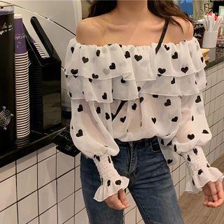Heart Print Off Shoulder Chiffon Top