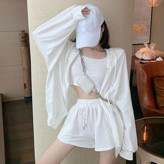 Hooded Jacket / Sleeveless Top / High Waist Wide Leg Shorts