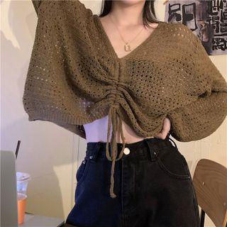 Long-sleeve V-neck Drawstring Cropped Knit Top