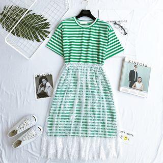 Set: Striped Short-sleeve T-shirt + Lace Skirt