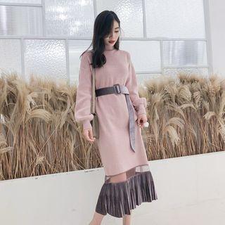 Mock Neck Mesh Panel Belted Midi Sweater Dress