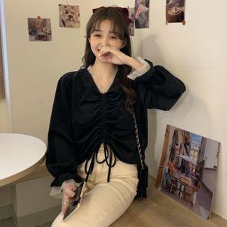 Long-sleeve Drawstring Top Black - One Size