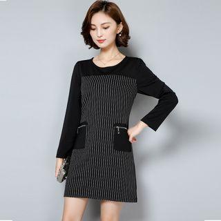 Pinstriped Long-sleeve Shift Dress