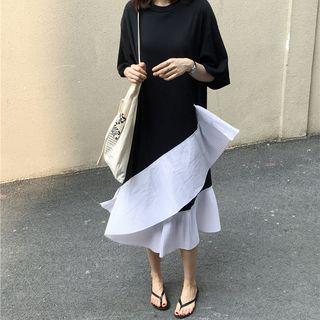 Stripe Ruffle Hem Elbow-sleeve Midi T-shirt Dress