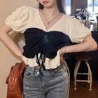 Puff-sleeve V-neck Two-tone Blouse Black & White - One Size