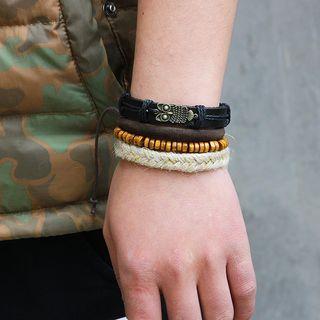 Set Of 4: Owl Genuine Leather + Wooden Bead + Wax + Hemp Bracelet