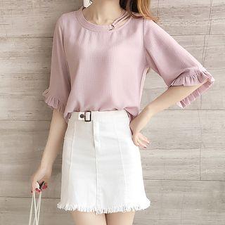 Plain Pleated Trim Elbow Sleeve Chiffon Top