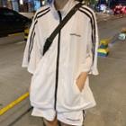Lettering Striped Zipped Jacket + Drawstring Striped Lettering Shorts White - One Size
