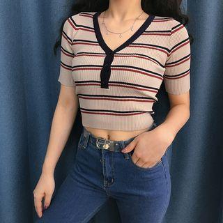Short-sleeve Striped Knit Top Khaki - One Size