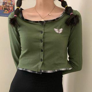 Butterfly Embroidered Long-sleeve Buttoned Crop Top