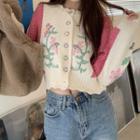Long-sleeve Embroidered Color Block Knit Cardigan Cardigan - One Size