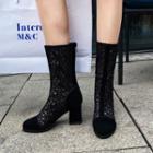 Genuine Leather Perforated Block Heel Mid-calf Boots