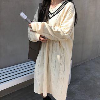 Striped V-neck Long Sleeve Cable Knit Midi Dress