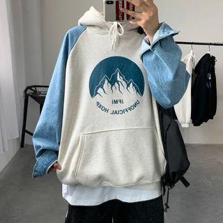 Denim Panel Mountain Print Hoodie