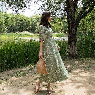 V-neck Shirred Floral Maxi Dress