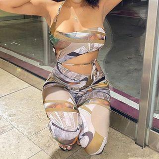 Spaghetti Strap Print Cutout Fitted Jumpsuit