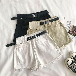 Plain High-waist Frayed A-line Denim Shorts With Belt