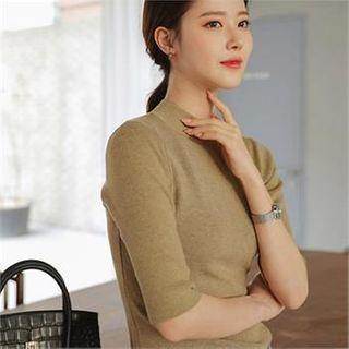 Mock-neck Short-sleeve Knit Top Beige - One Size