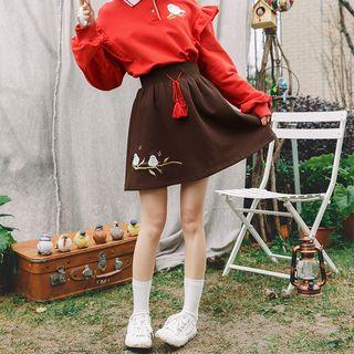 Bird Embroidered Tassel-string A-line Skirt