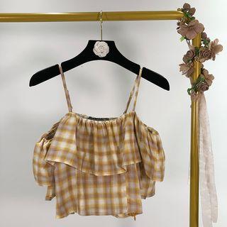 Cold Shoulder Elbow-sleeve Plaid Top