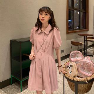 Puff-sleeve Pleated A-line Shirtdress