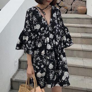 3/4-sleeve Floral Print Mini Smock Dress