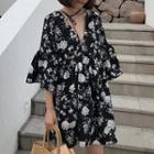 3/4-sleeve Floral Print Mini Smock Dress