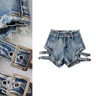 High Waist Buckled Denim Hot Pants