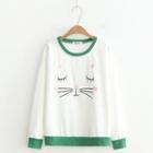 Contrast Trim Cat Embroidery Sweatshirt