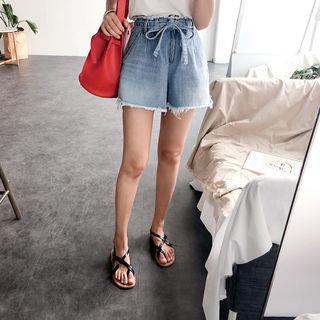 Fray-hem Denim Shorts With Sash