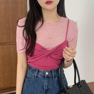 Short-sleeve Plain T-shirt / Spaghetti Strap Top