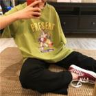 Cartoon Print Elbow-sleeve T-shirt Green - One Size