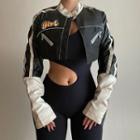 Letter Embroidered Faux Leather Cropped Jacket