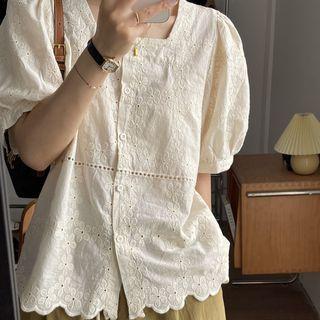 Short-sleeve Square-neck Floral Blouse Beige Almond - One Size